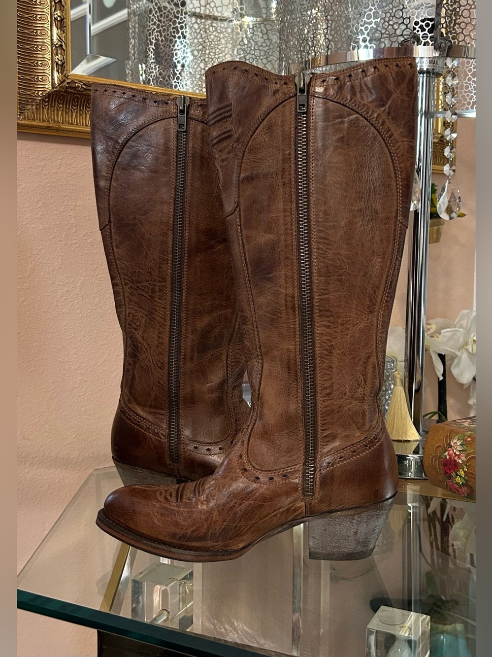 Ariat Distressed Brown Embroidered Leather Western Heeled Zipper Boots Size 7 - Picture 5 of 16